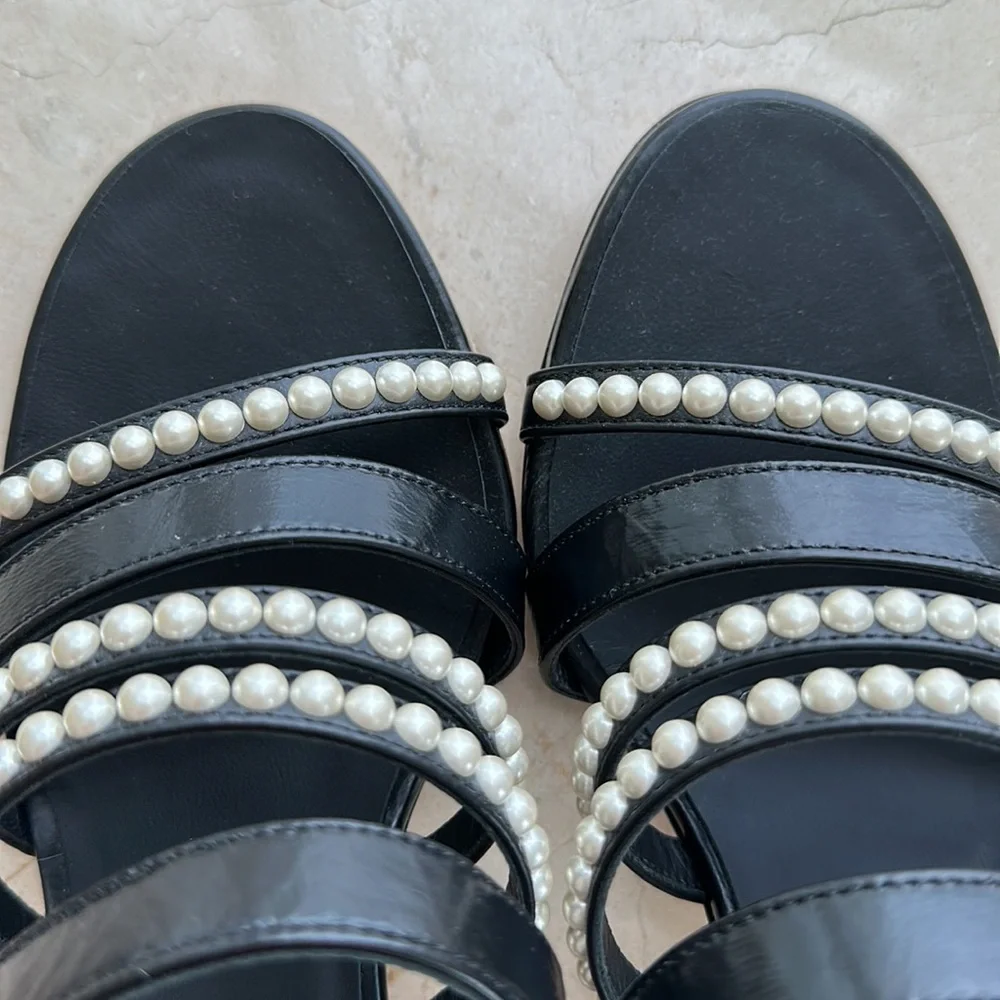 CHANEL Black Pearl-Embellished Strappy Block Heel Sandals